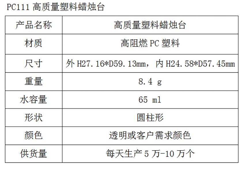 PC111高质量塑料蜡烛台参数表