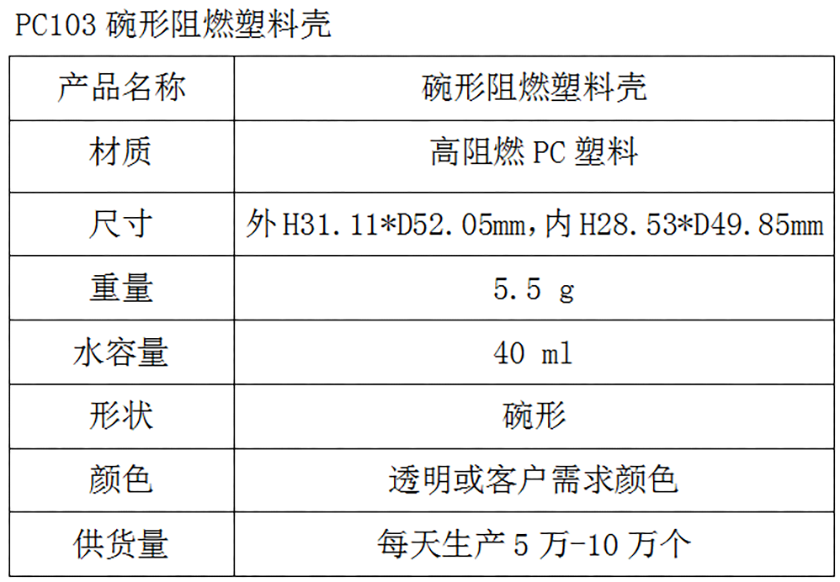 PC103碗形阻燃塑料壳参数表