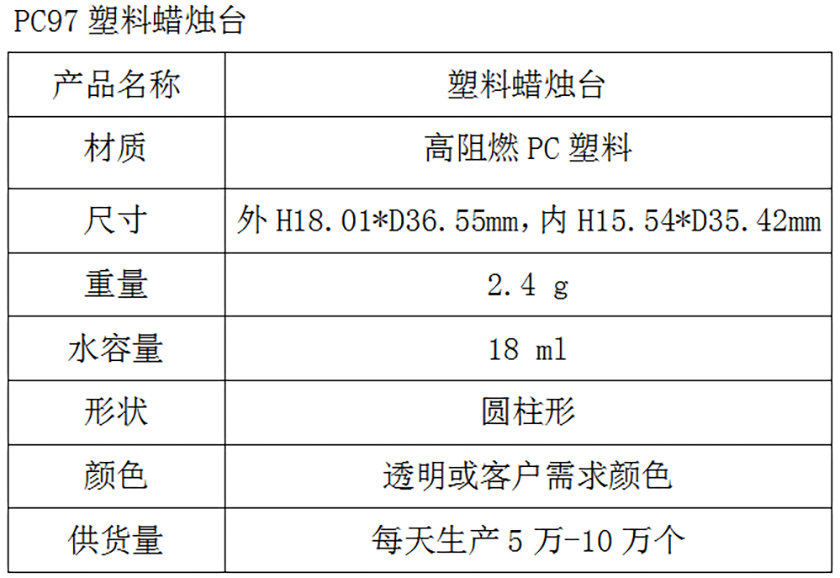 PC97塑料蜡烛台参数表