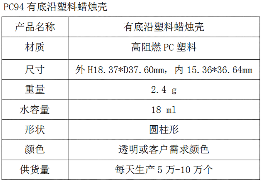 PC94有底沿塑料蜡烛壳参数表