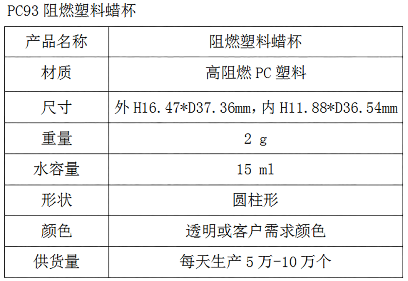 PC93阻燃塑料蜡杯参数表