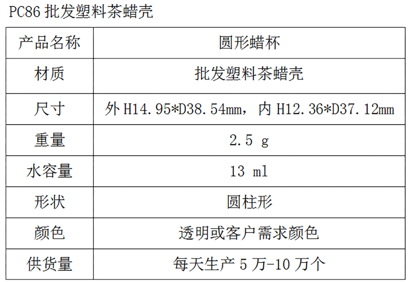 PC86批发塑料茶蜡壳参数表