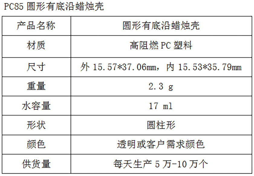 PC85圆形有底沿蜡烛壳参数表