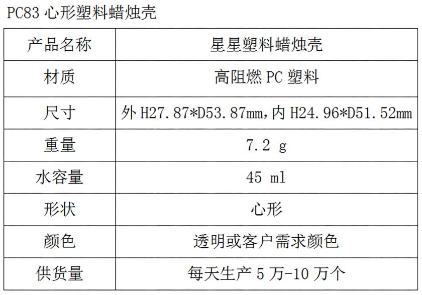 PC83心形塑料蜡烛壳参数表