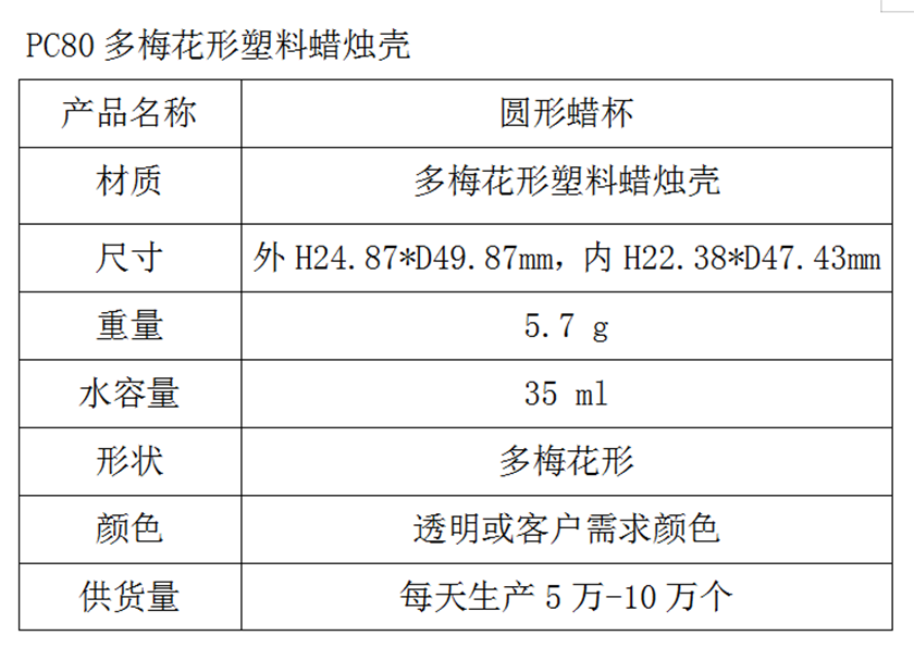 PC80多梅花形塑料蜡烛壳参数表