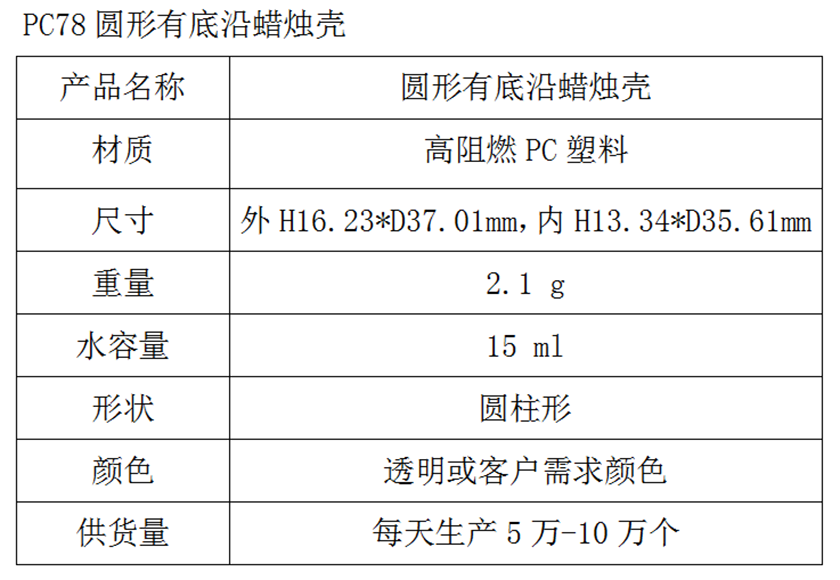 PC78圆形有底沿蜡烛壳参数表