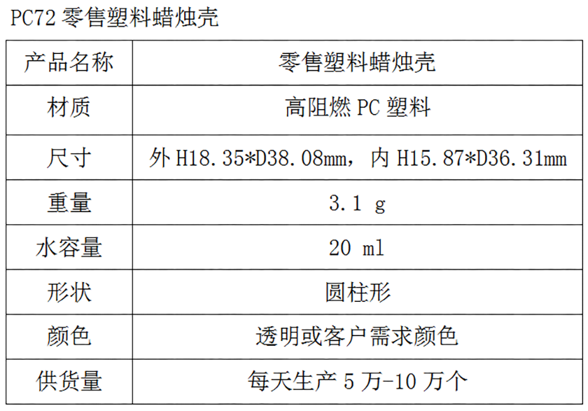 PC72零售塑料蜡烛壳参数表