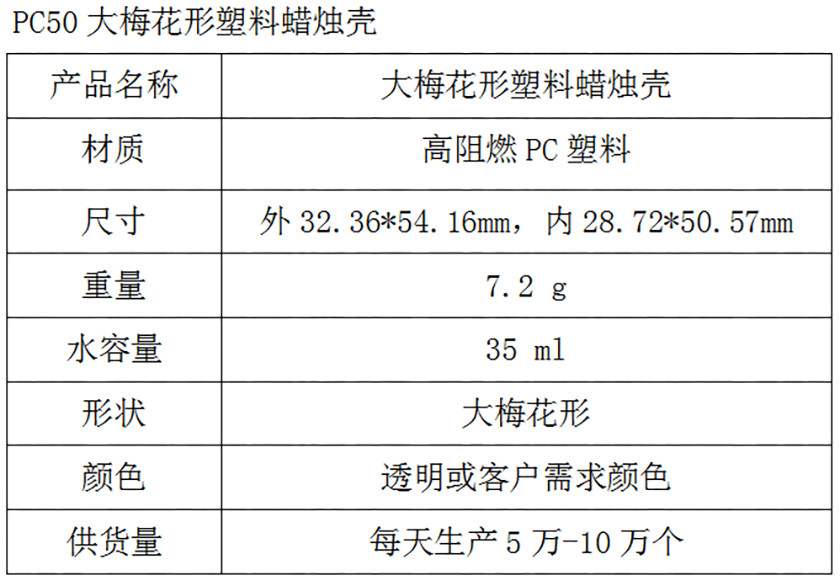 PC50大梅花形塑料蜡烛壳参数表