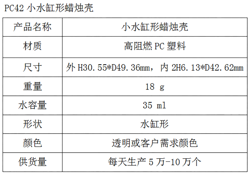 PC42小水缸形蜡烛壳参数表