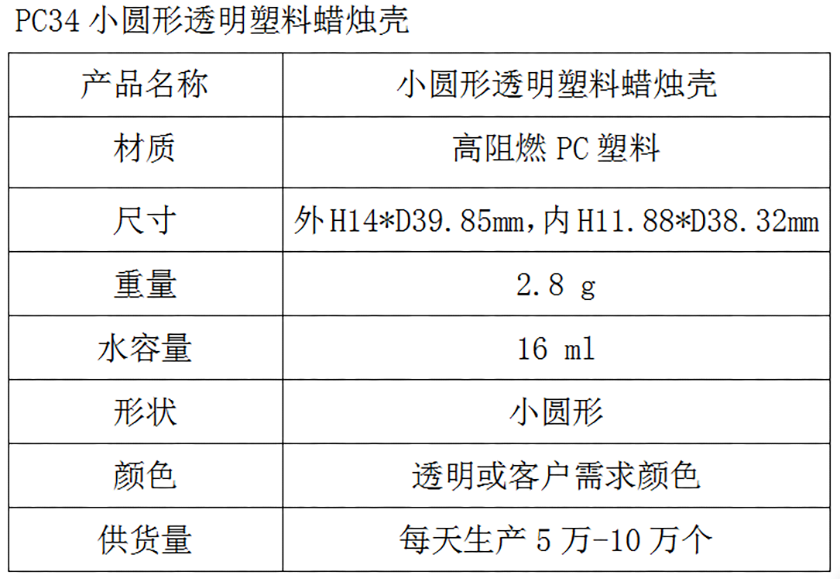 PC34小圆形透明塑料蜡烛壳参数表