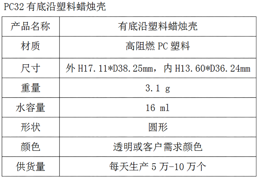 PC32有底沿塑料蜡烛壳参数表