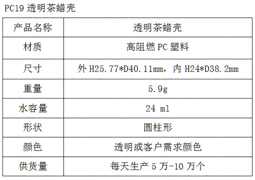 PC19透明茶蜡壳参数表