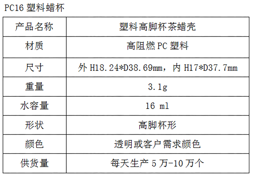 PC16塑料蜡杯参数表