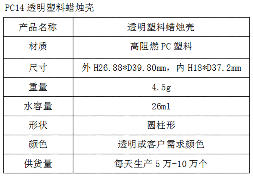 PC14透明塑料蜡烛壳参数表